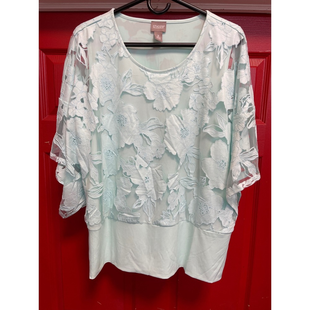 Chicos Mint Green Floral Burnout Blouse Dolman Sleeve Banded Hem Top Size 3 XL